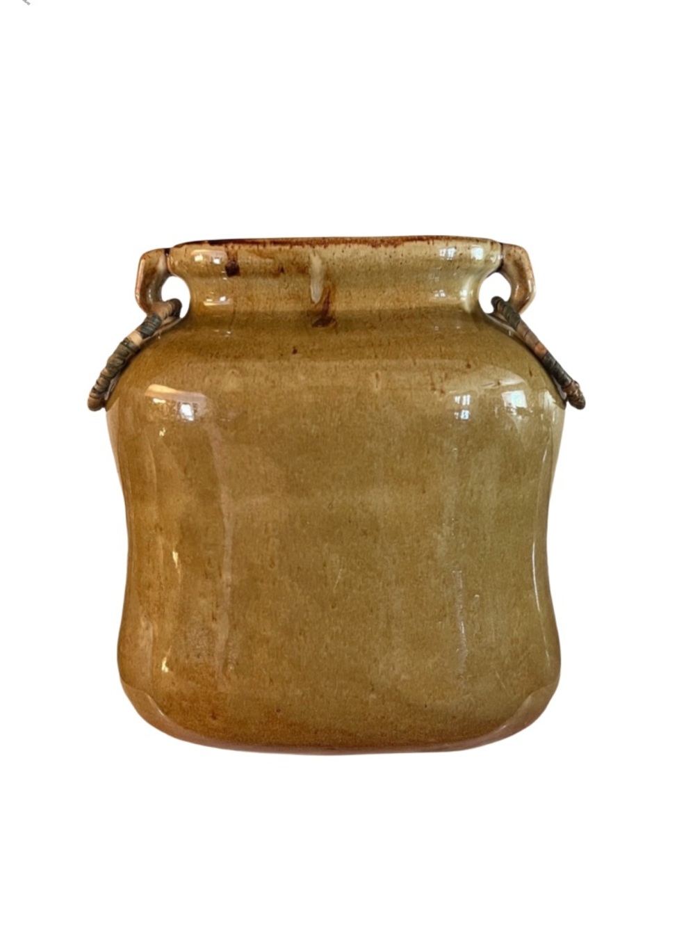 Rustic Glazed Stoneware Pottery Vase Farmhouse Decor Wicker Handles Neutral